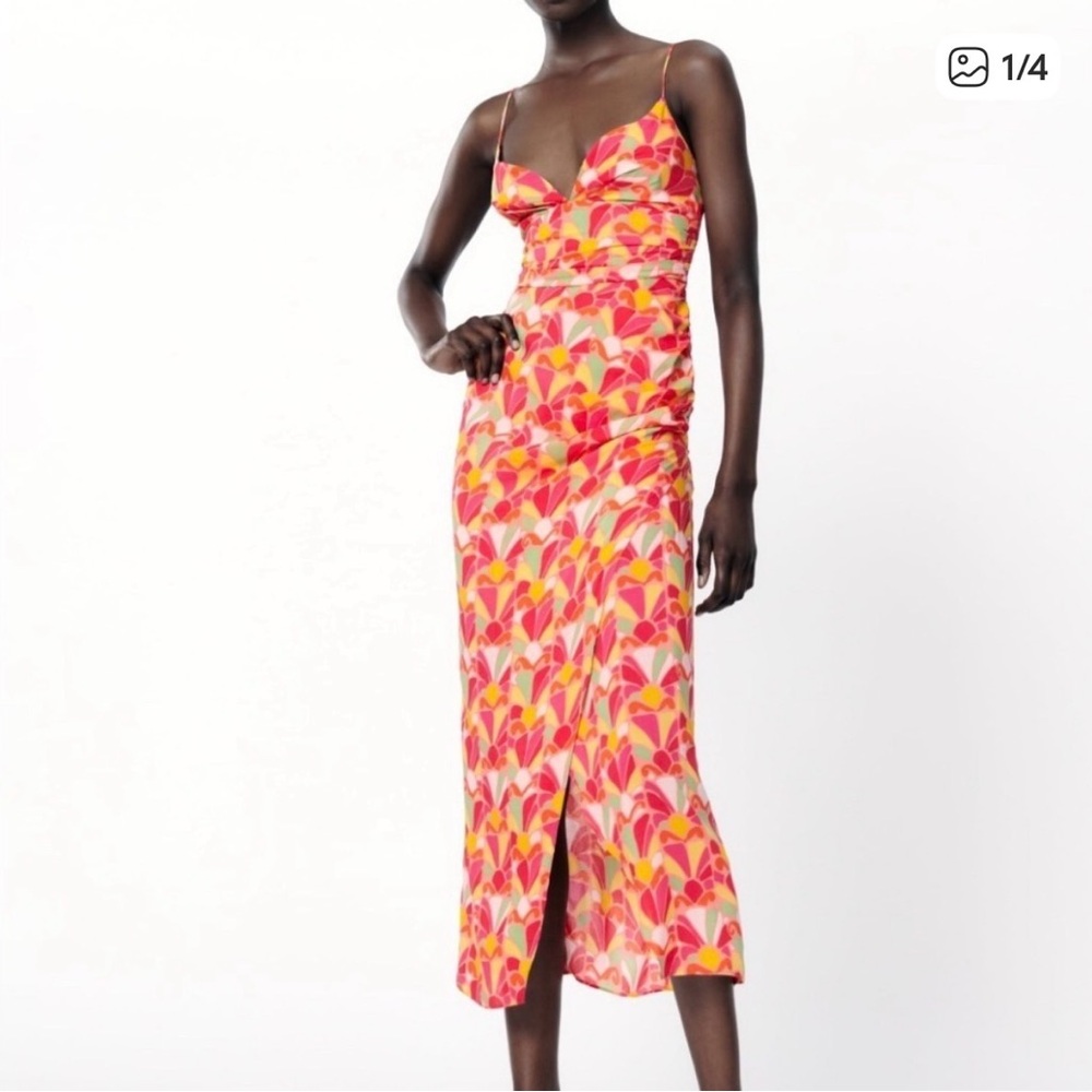 Zara Floral Print Midi Dress Smocked Back | Size XS